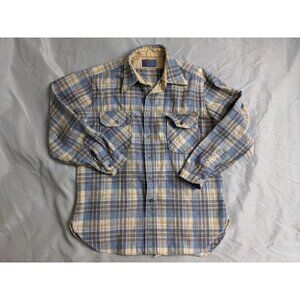 Vintage Pendleton Flannel Shirt Blue & Beige Virgin Wool Button Up Mens Size L